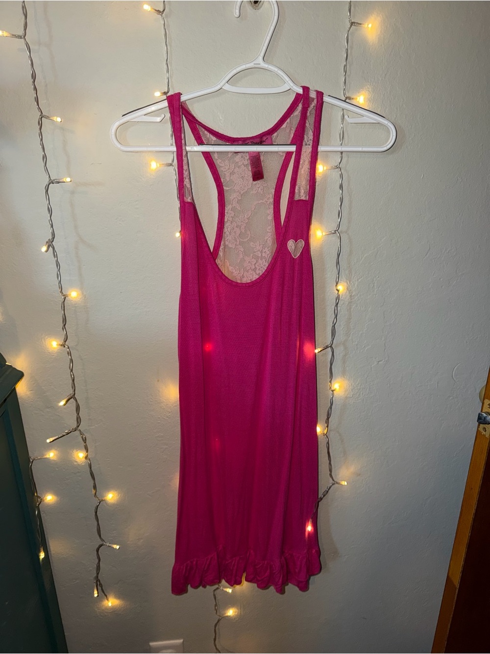 Betsey Johnson Hot Pink Lace-Back Sleep Chemise with Heart Appliqué
